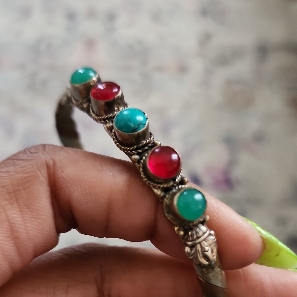 Sterling Silver Turquoise Red Gemstone Bracelet Cabochon Link Vintage - Picture 3 of 8